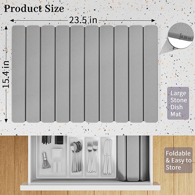 Large Stone Dish Drying Mats for Kitchen Counter – Foldable Quick Dry Stone Mat with Non-Slip Pad & Sandpaper, Super Absorbent Diatomaceous Earth Mat for Dishes and Cups(Ligh Gray 23.5"x15.5")