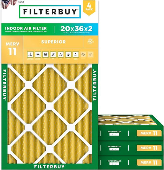 Filterbuy 20x36x2 Air Filter MERV 11 (MPR 1200) Allergen Defense Replacement (4-Pack), Electrostatic Pleated HVAC AC Furnace Filters, Made in USA (Actual Size: 19.50 x 35.50 x 1.75)
