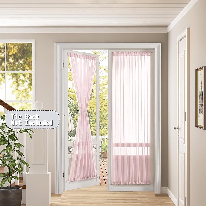 Tollpiz Sheer Door Curtains Closet Linen Textured Curtain Sheers Doorway Light Filtering Voile Patio Glass Door Rod Pocket Curtains French Door, 54 x 80 inches Long, Pink, Set of 1 Panel