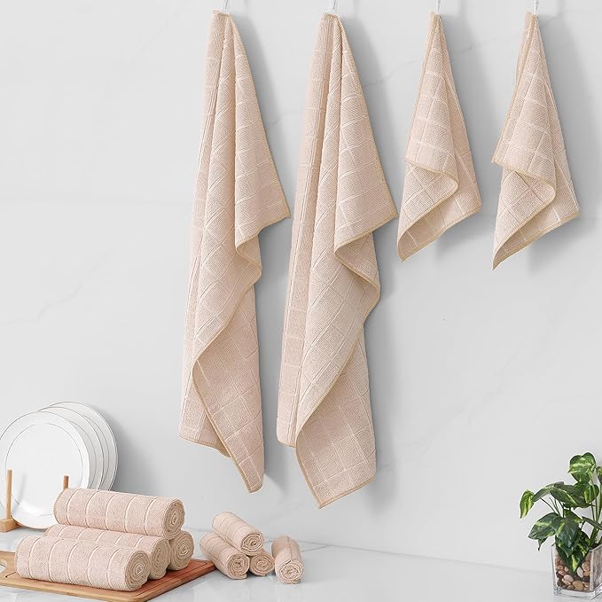 Homaxy Microfiber Kitchen Towels and Dishcloths Set, 12 Pack Soft and Absorbent Dish Hand Towels Bulk, 28 x 16 Inch & 12 x 12 Inch Quick Drying Rags for Washing Dishes, Beige