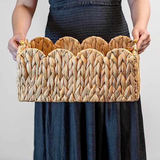 Scalloped Basket Wicker & Rattan Storage Basket with Built-in Handles, Large Woven Water Hyacinth for Nursery & Bathroom Organization 2 Pack