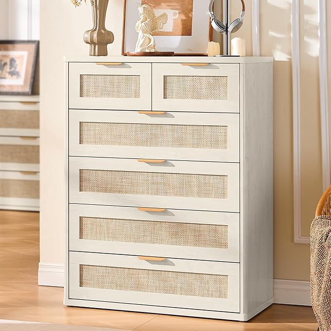 LEYAOYAO White Dresser for Bedroom, 42" Tall Chest of Drawers, Modern 6 Drawers Boho Rattan Dressers with Storage, Dresser Wooden Closet Organizer for Living Room, Hallway