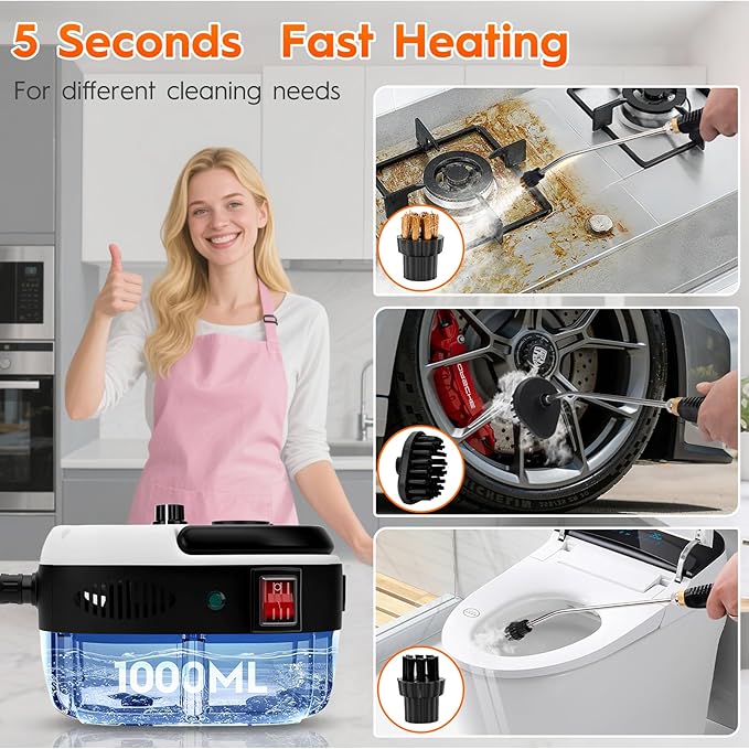 Steam Cleaner, 2500W High Handheld Steam Cleaner, 1L Portable Car Steam Cleaner, 6 High Speeds Pressure Temperature Steam Cleaning Machine with 3 Brush Heads for Kitchen Home Car Cleaning（White）