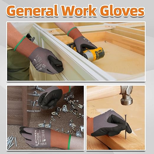 Schwer 6 Pairs Safety Work Gloves with Sandy Nitrile Coating LT5626, Max Abrasion Resistance Heavy Duty Gloves with Grip for Men and Women, Ideal for General Use, Mechanic, Construction, Gardening, M