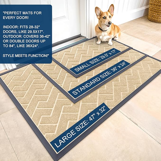 OLANLY Front Door Mat Indoor Outdoor Entrance, Waterproof All-Season, All-Weather Doormat, Sturdy Natural Rubber, Low Profile, Easy Clean Patio Porch Entryway Mat, Herringbone Brick (Beige, 71x47)