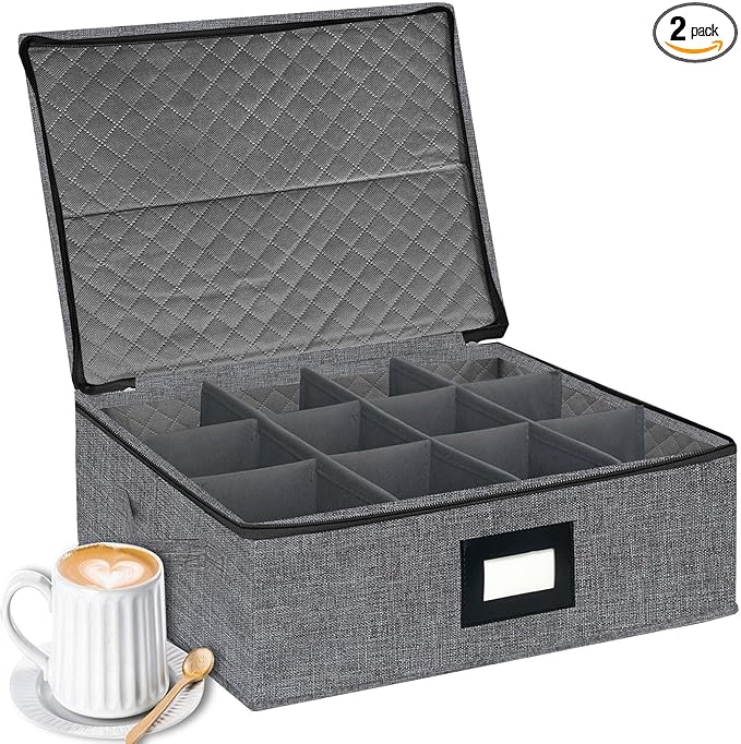 homyfort Mug Coffee Storage Box with Dividers - Stackable Glass China Storage Containers Hard Shell with Lid, Label and Handles, Holds 12 Coffee Mugs and Tea Cups (Dark Grey)