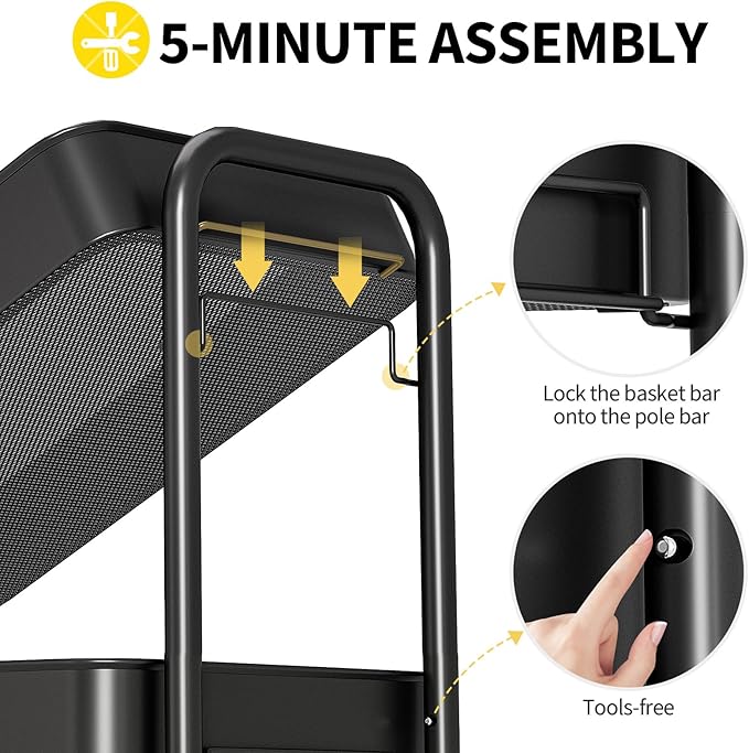 TOOLF 3 Tier Rolling Cart Storage Organizer, Metal Rolling Utility Car with Wheels, Hooks & Bins Esthetician Art Sturdy Storage with Pegboard for Bathroom, Kitchen, Office, Nursery Diaper