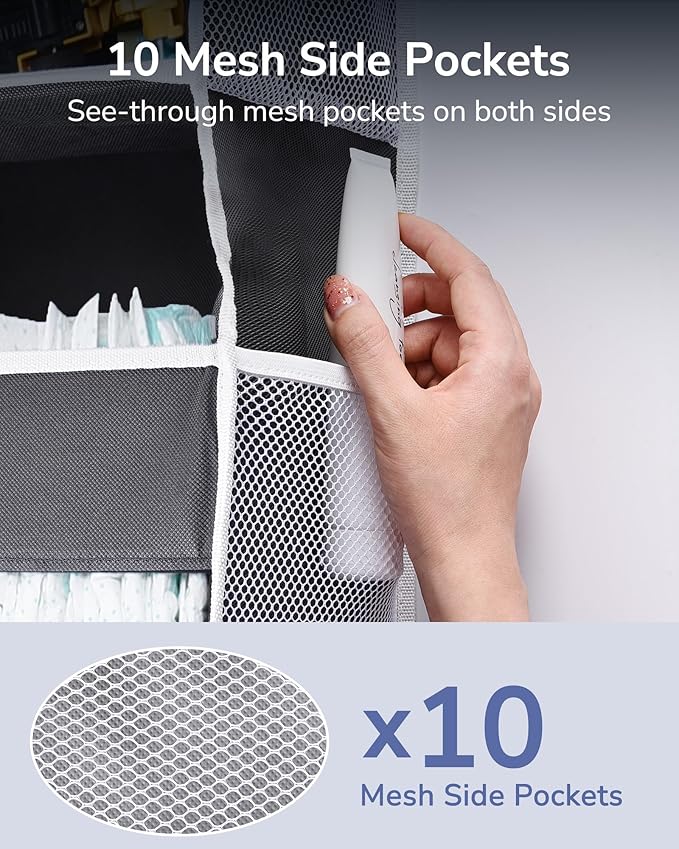 ULG 1 Pack Over Door Organizer with 5 Large Pockets 10 Mesh Side Pockets, 44 lbs Weight Capacity Hanging Storage Organizer with Clear Window Kids Toys, Shoes, Diapers, Dark Grey, 5 Layers