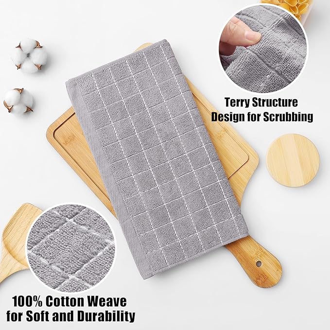 Homaxy 100% Cotton Terry Kitchen Dish Cloths, Ultra Soft and Absorbent Dish Towels for Kitchen, Suitable for Drying and Washing Dishes, 12 Pack, 12 x 12 Inches, Light Grey