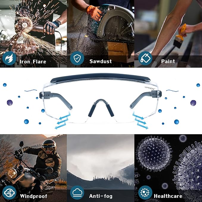 UKNOW Safety Goggles Over Glasses, Safety Glasses Anti Fog Wraparound Eye Protection, Protective Eyewear ANSI Z87.1