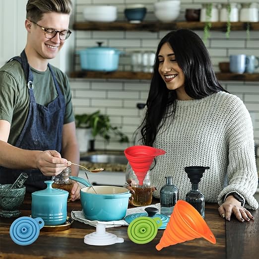KongNai Kitchen Funnel Set, Small and Large, Kitchen Gadgets Accessories Foldable Silicone Collapsible Funnels for Filling Water Bottle Liquid Transfer Food Grade (6 Pack)