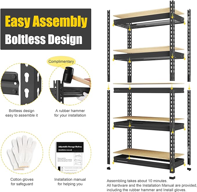 PrimeZone 32"W x 16"D x 63" H Storage Shelves - 2 Pack 5 Tier Adjustable Garage Storage Shelving, Heavy Duty Metal Storage Organizer Utility Rack Shelf Unit for Warehouse Pantry Closet Kitchen, Black