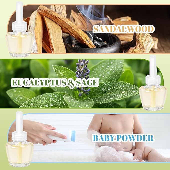 Plug-In Air Freshener Refills 12 Count - Palo Santo & Eucalyptus, Baby Powder Scent For Rooms & Bathrooms Office Wall Plug-In Refills, Compatible with Air Wick,Compatible with Glade