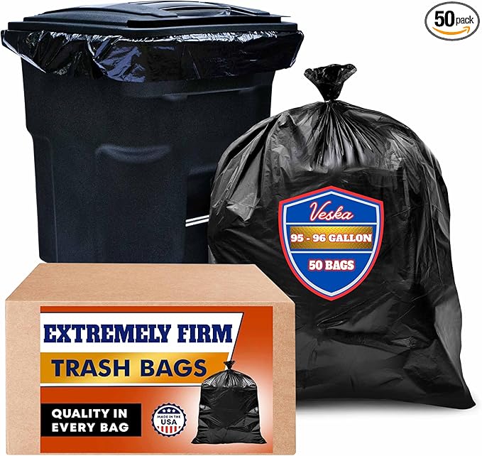 Veska 95-96 Gallon Trash Bags Heavy Duty (Huge 50 Bags W/Ties) 95-96 Gallon Trash Bags Large Black Heavy Duty Can Liners, Large 90-100 Gallon Garbage Can Liners