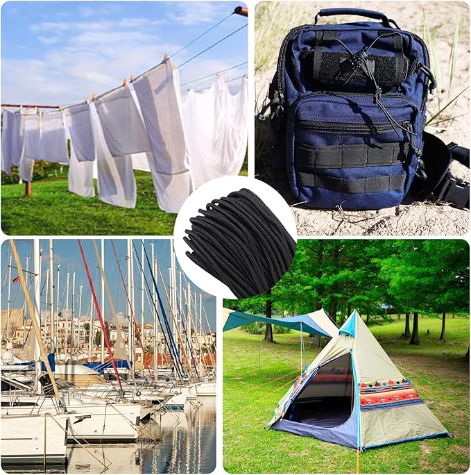 500 Feet 1/4 Inch Black Polyester Rope, 6 mm Polypropylene Utility Rope for Kayaking, Camping, Home Decor