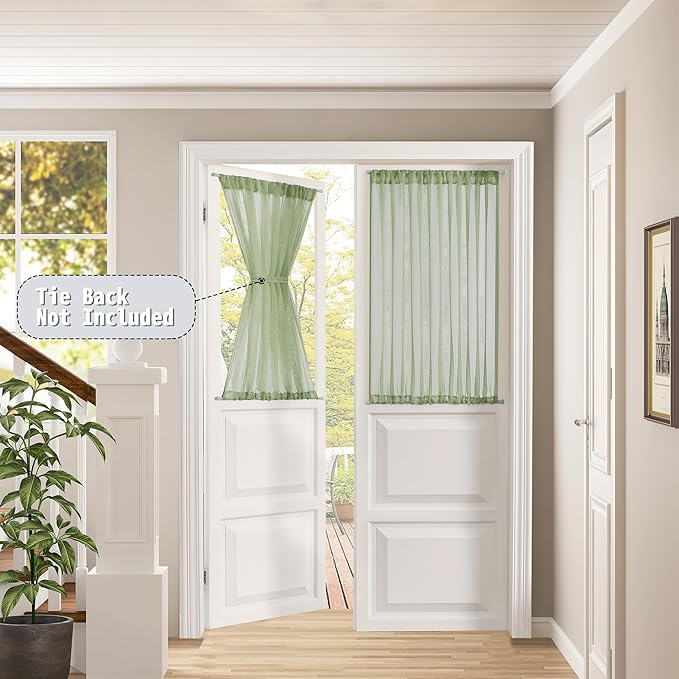 Tollpiz Short Sheer Door Curtains Closet Linen Textured Curtains Sheer Doorway Light Filtering Voile Patio Door Rod Pocket Curtain French Door, 54 x 40 inches Long, Sage Green, Set of 1 Panel