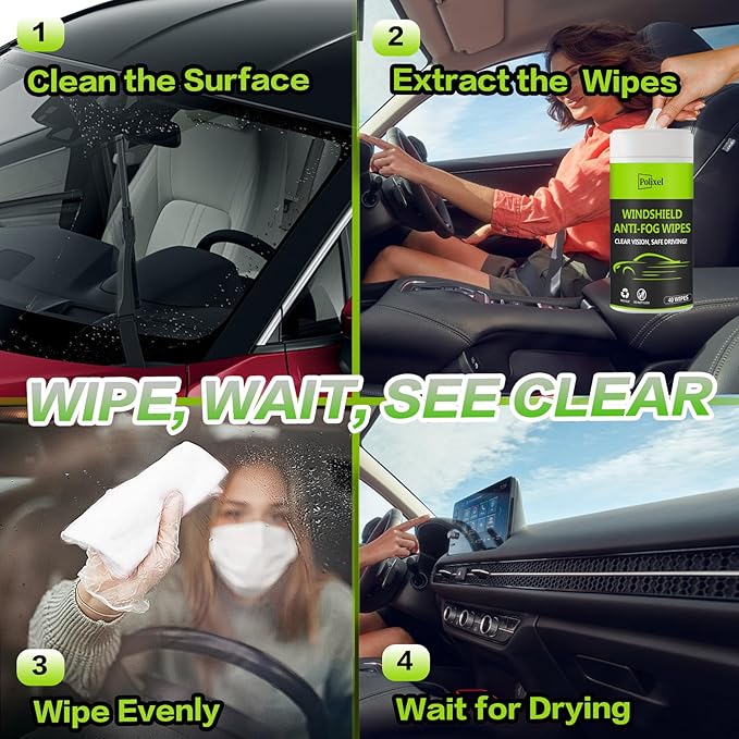 Glass Anti-Fog Wipes - Quick Windshiled Fogging Remover Resealable Bottle Pack Defogger for Windows, Helmets, Mirrors, Goggles -40 Wipes