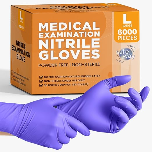 SafeWay Nitrile Disposable Gloves — Multi-Purpose Powder-Free, Non-Latex, Medical Use, and Textured Fingertips for Food Prep, Cleaning, Tattoo, Nursing, Lab, Examination, & More — (6000 pcs, Large)