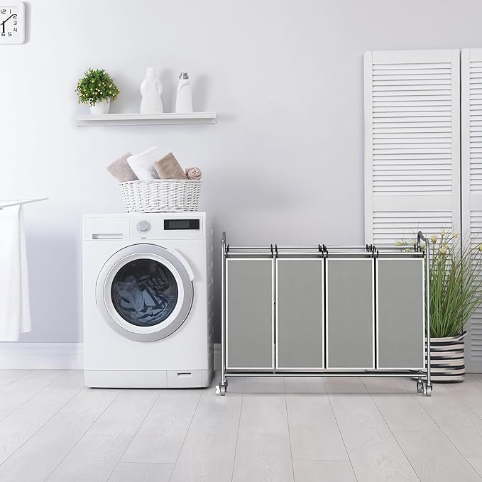 Simple Houseware 4-Bag Heavy Duty Laundry Sorter Rolling Cart, Silver