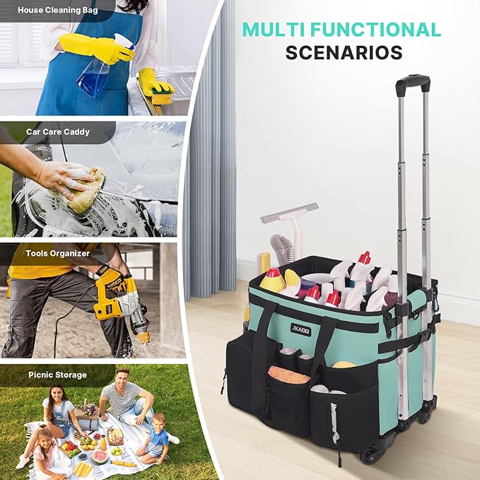 Large Rolling Cleaning Caddy Bag with Detachable Trolley, Waterproof Cleaning Caddy on Wheels for Housekeepers, Cleaning Cart Supplies Organizer for Home,Car,Office,Picnic (Blue-Green) (Patent)
