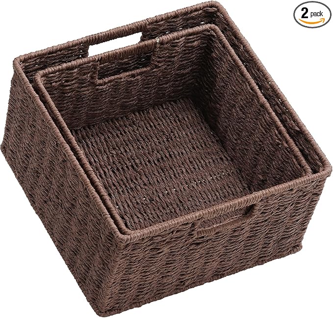 HOONEX Storage Baskets for Organizing, Decorative Round Paper Rope Woven Baskets for Storage with Carrying Handles, Set of 2, Dark Brown
