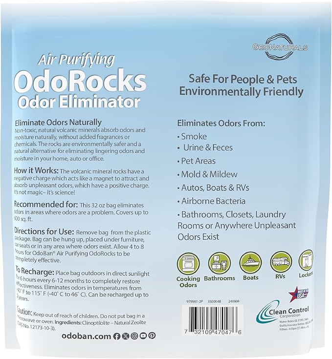 OdoBan Air Purifying OdoRocks Natural Odor Eliminator Made from Natural Volcanic Rocks, Made in the USA, Fragrance Free, 6-Pack, 2 Pounds Each