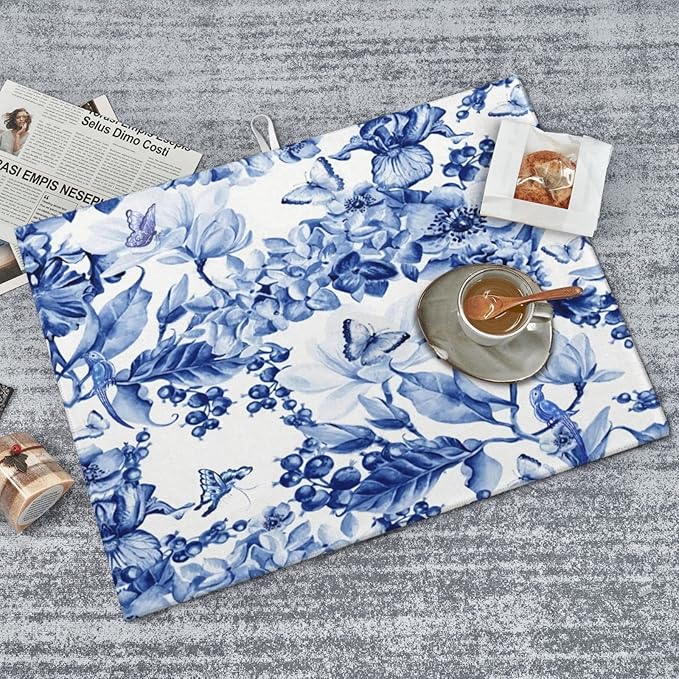 Chinoiserie Blue And White Floral Butterfly Dish Drying Mats For Kitchen Counter Microfiber Absorbent dish Mat Xl Reversible Drying Mats For Countertop 18 Inch X 24 Inch