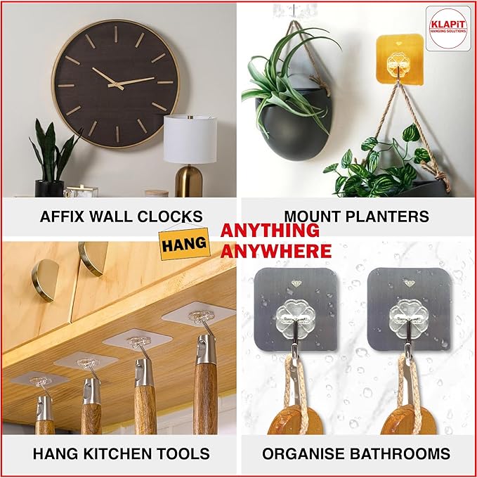 KLAPiT Super Hook - Heavy-Duty Adhesive Wall Hooks, Holds Up to 11 lbs, Waterproof, No Damage, Easy Install on Tile, Wood, Stone, Glass & Metal - Made of Steel (Clear, 24pc)