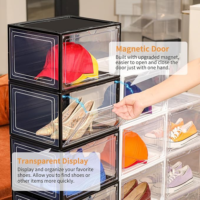 12 Pack White Shoe Boxes Stackable,Large Shoe Storage Organizer with Magnetic Door,Drop Side Shoe Containers for Entryway,Sneaker Storage Fit up to US Size 12 for Men/Women(13’’x10.62”x8.26”