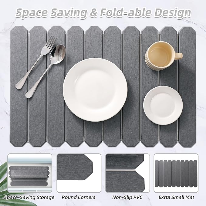 Large Stone Drying Mat for Kitchen Counter - 24"x16" Quick Dry Dish Drying Mat for Cups Dishes Bottles - Absorbent Non-Slip Diatomaceous Earth Mats (Dark Grey)