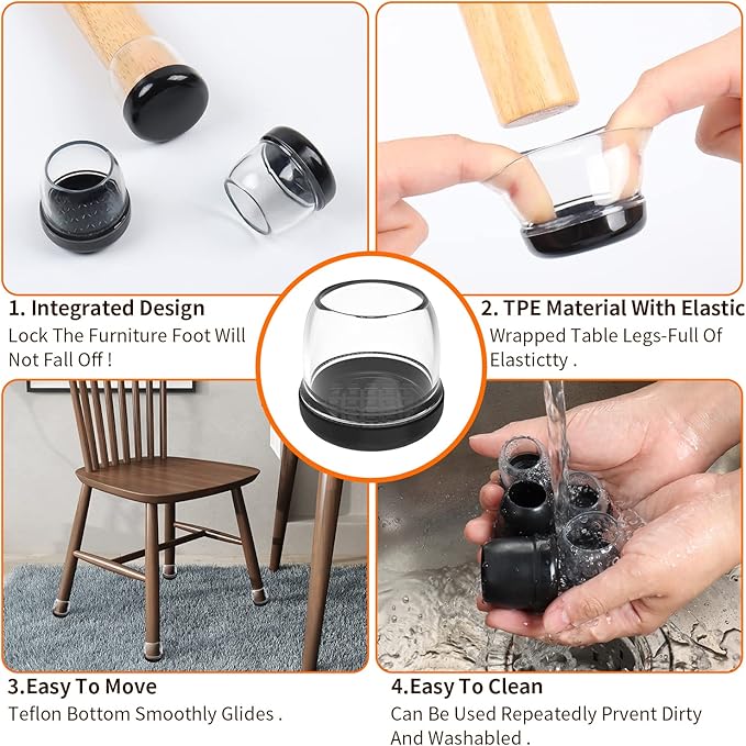 Ezprotekt 24 Pcs Clear Chair Leg Sliders for Carpet, Round Teflon Furniture Glides for Rug, Carpet Sliders Protectors Caps to Slide Smooth for Dining Table Chair, Bar Stool Legs (M Fit: 7/8" to 1")