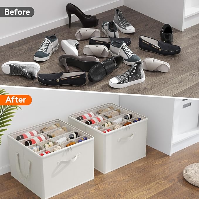 Lifewit Shoe Storage Organizer for Closet Fits 12-16 Pairs, Fabric Large Shoe Box Storage Container with Clear Cover, Foldable Bins Fit for Boots Heels Sneakers 17"(L) x 17"(W) x 12.5"(H) 1 Pack White
