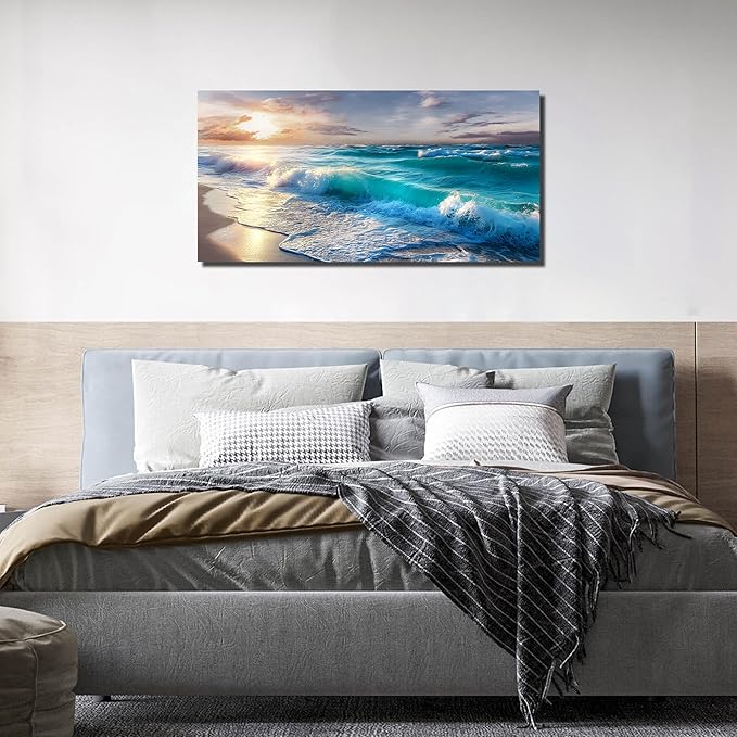 GUGIKA Ocean Wall Art for Living Room, Blue Wave and Large Coastal Beach Canvas Wall-Decor for Bedroom, Gold Sun Scenery Pictures for Hallway Office, Size 40x20 Inches