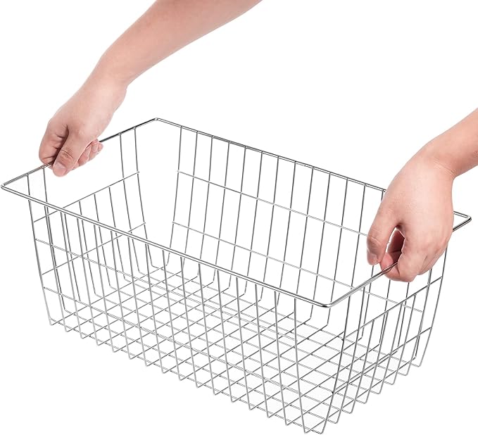 SANNO Freezer Baskets Wire Storage Baskets Closet Organization Baskets Bin Farmhouse Storage Bins Large Organizer Bins for Home, Office, Bathroom, Pantry -Set of 3, Chrome, 15.7"