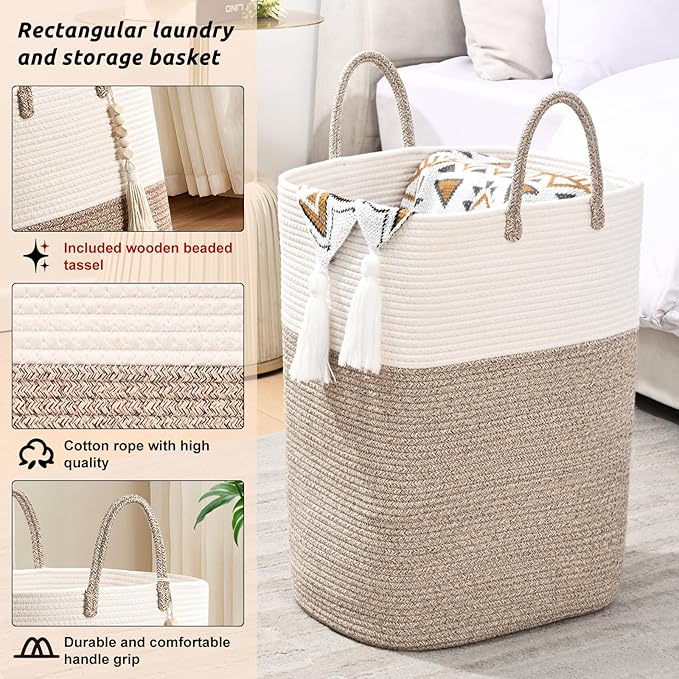 Woven Laundry Basket for Clothes, 50L Large Rectangle Laundry Hampers with Beads Tassel, Nursery Storage Basket for Toys, Tall Dirty Clothes Hamper for Bedroom Aesthetic, Laundry Room Organization