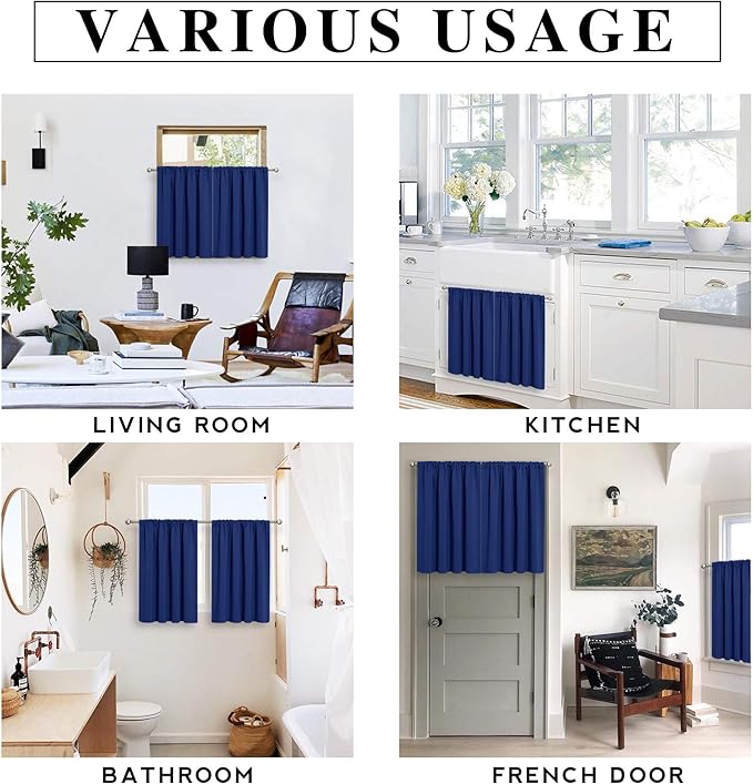 RYB HOME Kitchen Curtains 36 inch Long for Small Window Curtains Short Drapes for Bedroom, Half Window Tiers for Kids Room Bathroom Nursery, W 42 x L 36 in per Panel, Marine Blue, 2 Pcs