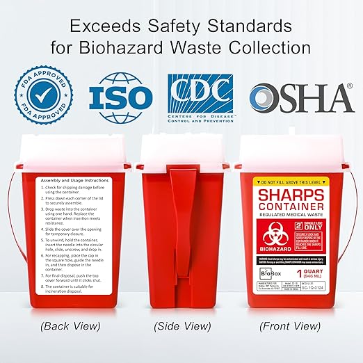 Sharps Container Large - Sharps Containers for Home Use and Labs - Portable Needle Disposal and Travel Size Biohazard Bin - 1 Quart (Pack of 5)