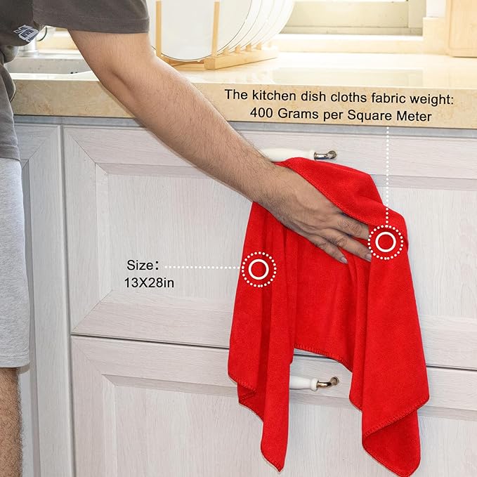 kimteny 13x28 Inches Kitchen Cloth Dish Towels, 400 GSM Premium Dishcloths, Super Absorbent Coral Velvet Microfiber Cleaning Cloths, Fast Drying Rags for Washing Dishes (8 Pack, Red)
