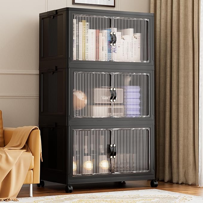 Jalove 88QT Plastic Storage Bins with lids, Stackable Collapsible Storage Containers with Wheels, Closet Organizer and Storage Drawers, Clothes Storage Cabinet for Home Office Garage, 1 Pack Black