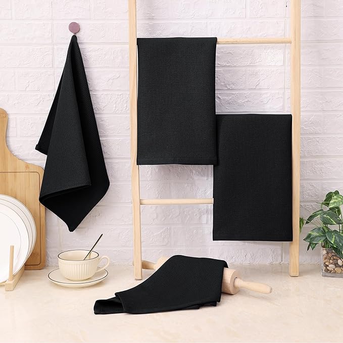 Homaxy 100% Cotton Waffle Weave Kitchen Towels - 4 Pack Soft and Absorbent Dish Towels - 16 x 26 Inches Quick Dry Hand Towels - Black