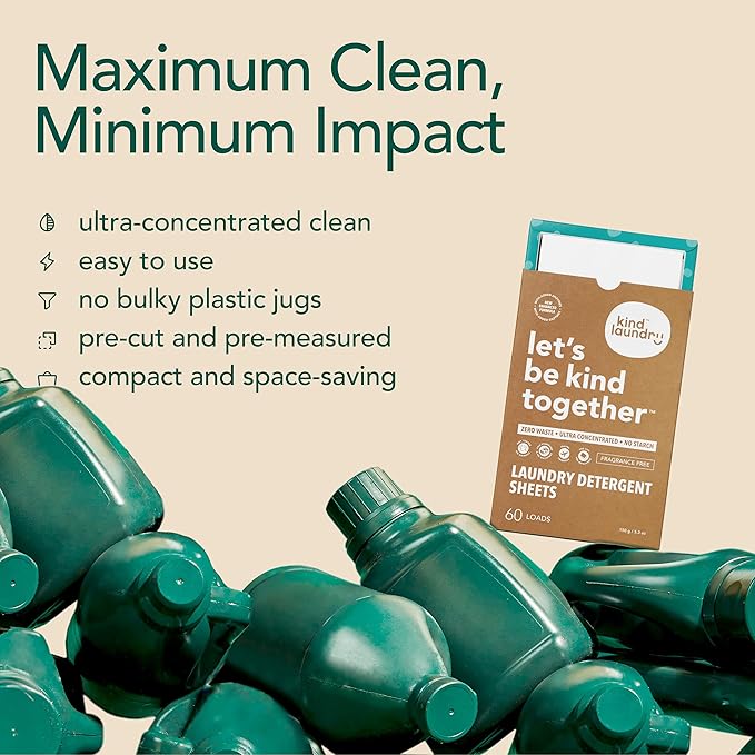 Kind Laundry Detergent Sheets with Stain-Fighting Enzymes - Plant Powered Eco-Friendly Laundry Soap Sheets - Home or Travel Laundry Detergent Fragrance Free, 32 Loads (Mom's Choice Award Winner)