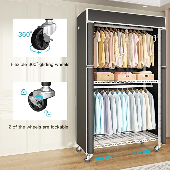 FUTASSI White Clothing Rack with Black Cover, P1C Rolling Closets with Wheels, Metal Garment Rack for Hanging Clothes, Clothing Storage Wardrobe, 36.2" W x 16.5" D x 80.5" H, Load 450 Pounds