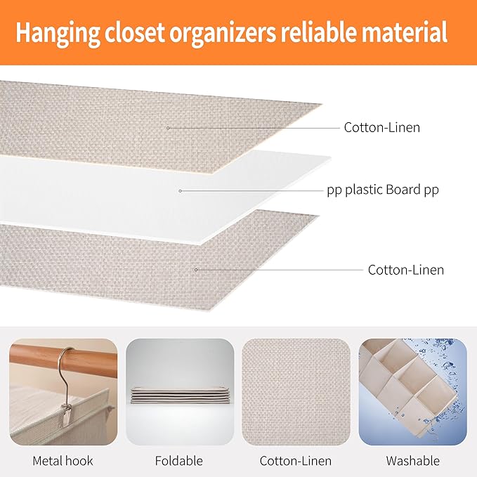Large Hanging Sweater Organizer for Closet,Collapsible 6-Shelf Hanging Closet Shelves with Drawers, Washable (Beige -6 Shelf-2 d)