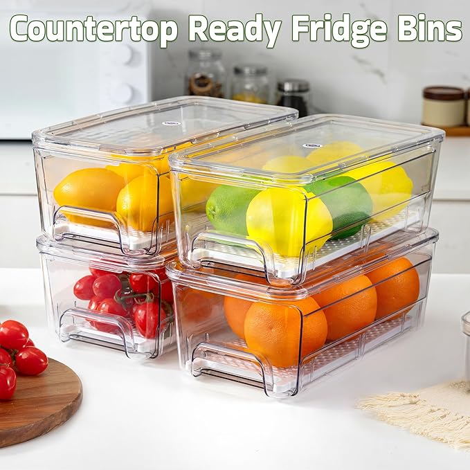 4 Pack Fridge Organizer Drawers, Stackable Pantry Organizers and Storage, Clear Pull-Out Refrigerator Organizer for Fruit, Vegetable Storage and Keep Fresh