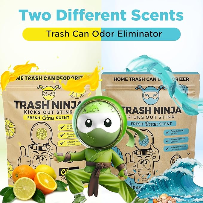 Trash Ninja Trash Can Deodorizer – Stick-On Air Freshener with Activated Charcoal and Fresh Ocean Scent for Kitchen, Bathroom, Fridge, Dumpster, and Trash Compactor Smell Removal
