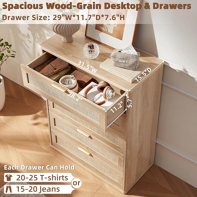 LEYAOYAO Rattan Dresser for Bedroom Set 2, 41" Tall Chest of Drawers, Modern 5 Drawers Boho Dressers with Storage, Light Oak Dresser Wooden Closet Organizer for Living Room, Hallway, Natural Wood
