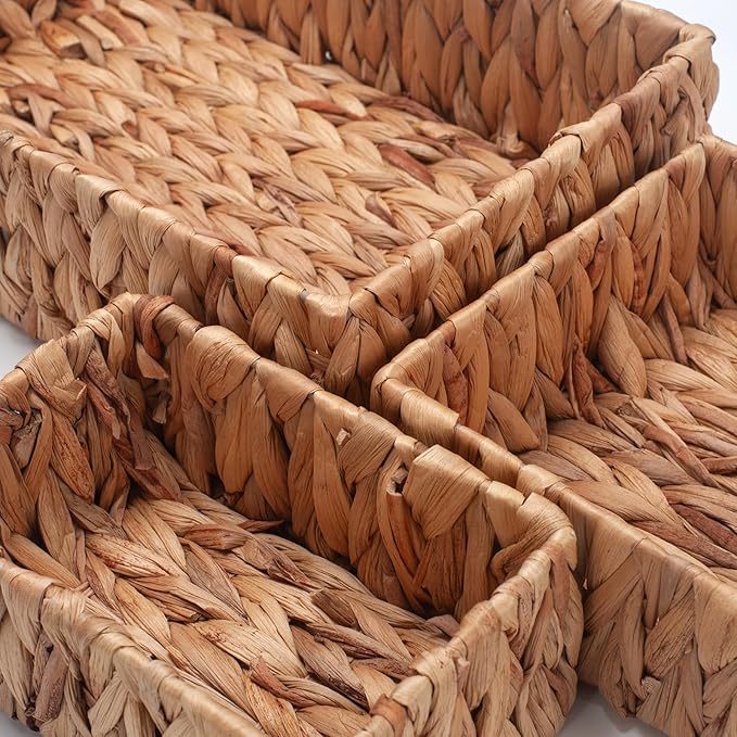 Water Hyacinth Rectangular Storage Basket for Organizing Natural Wicker Baskets for Shelves Pantry Bathroom Set of 3