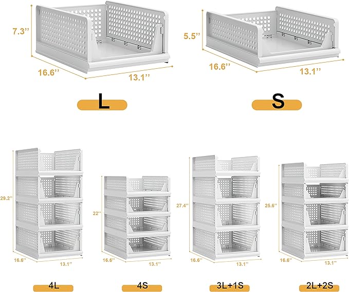 Proarea 4 Pack Stackable Plastic Storage Basket Closet Organizer Bin Foldable Clothes Organizer Storage Drawer Shelf Container for Living Room Bathroom Kitchen Office (2L+2S)