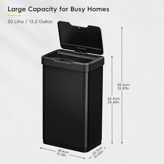 EKO Mirage-T 50 Liter / 13.2 Gallon Touchless Rectangular Motion Sensor Trash Can, Brushed Stainless Steel Finish (Matte Black)