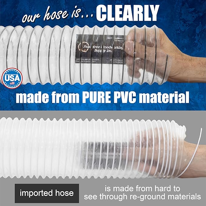 PVC Dust Collection Hose w/4 Thumbscrew Clamps, Puncture Resistant, Carbon Steel Wire, Clear Flexible PVC Dust Collector Hose, Proudly Made in USA (5" x 10')